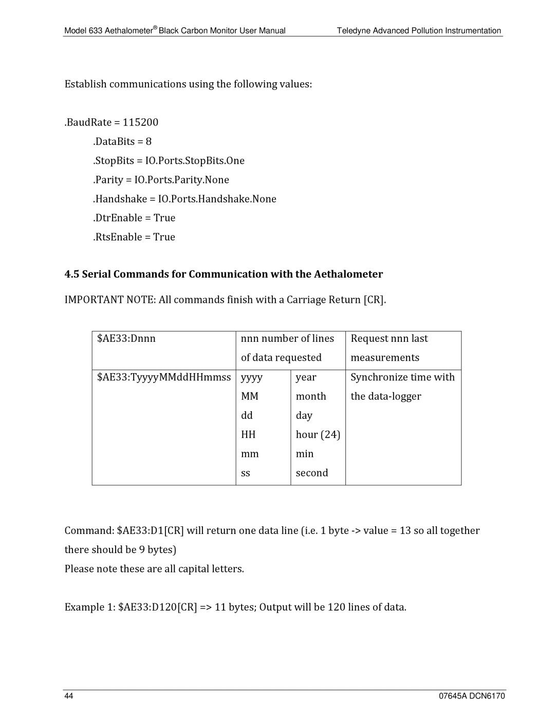 Teledyne 633 user manual Serial Commands for Communication with the Aethalometer 