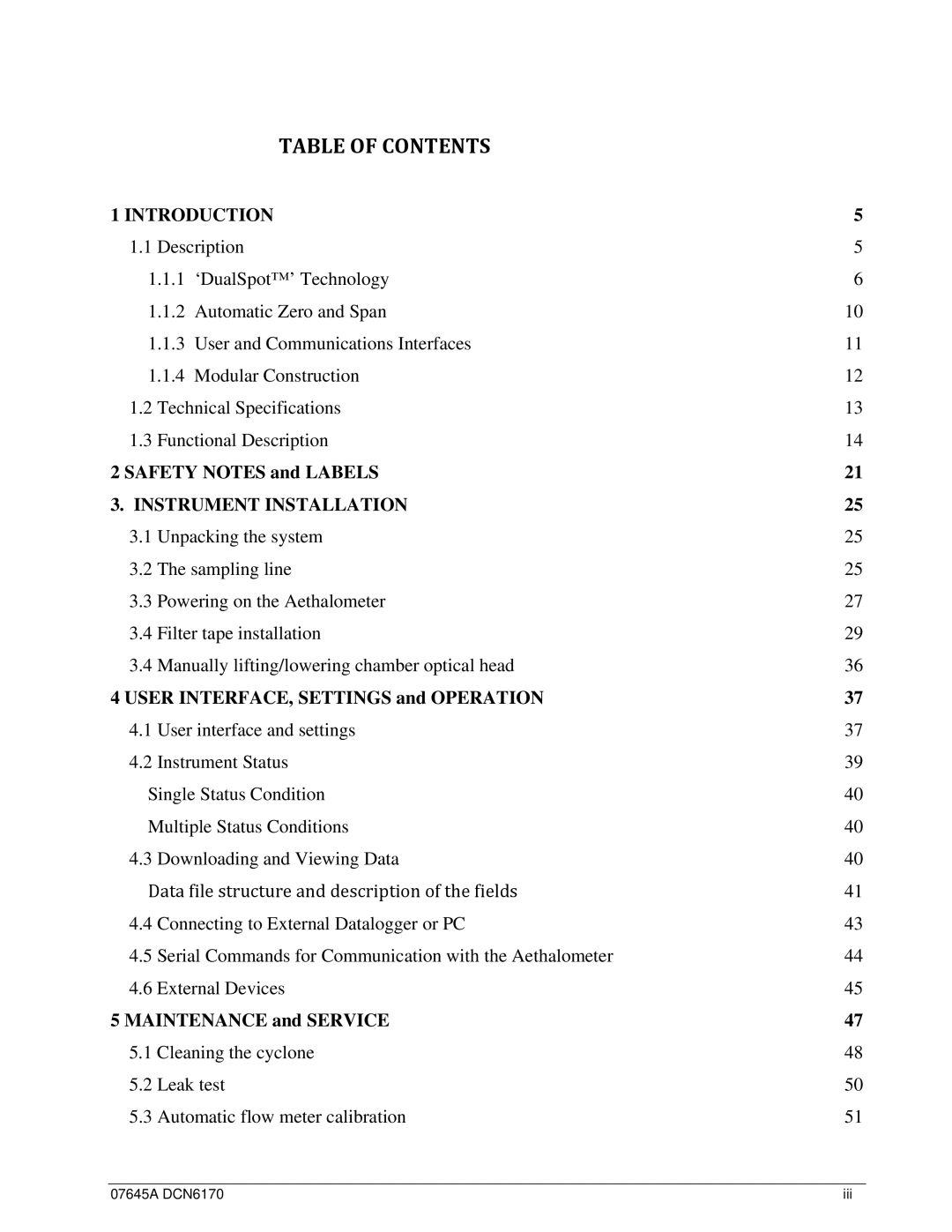 Teledyne 633 user manual Table of Contents 