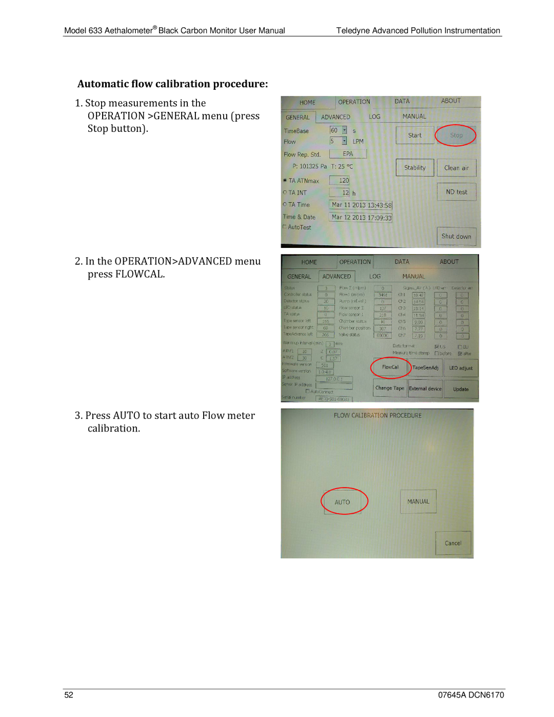 Teledyne 633 user manual Automatic flow calibration procedure 