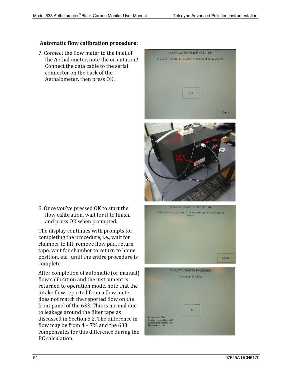 Teledyne 633 user manual Automatic flow calibration procedure 