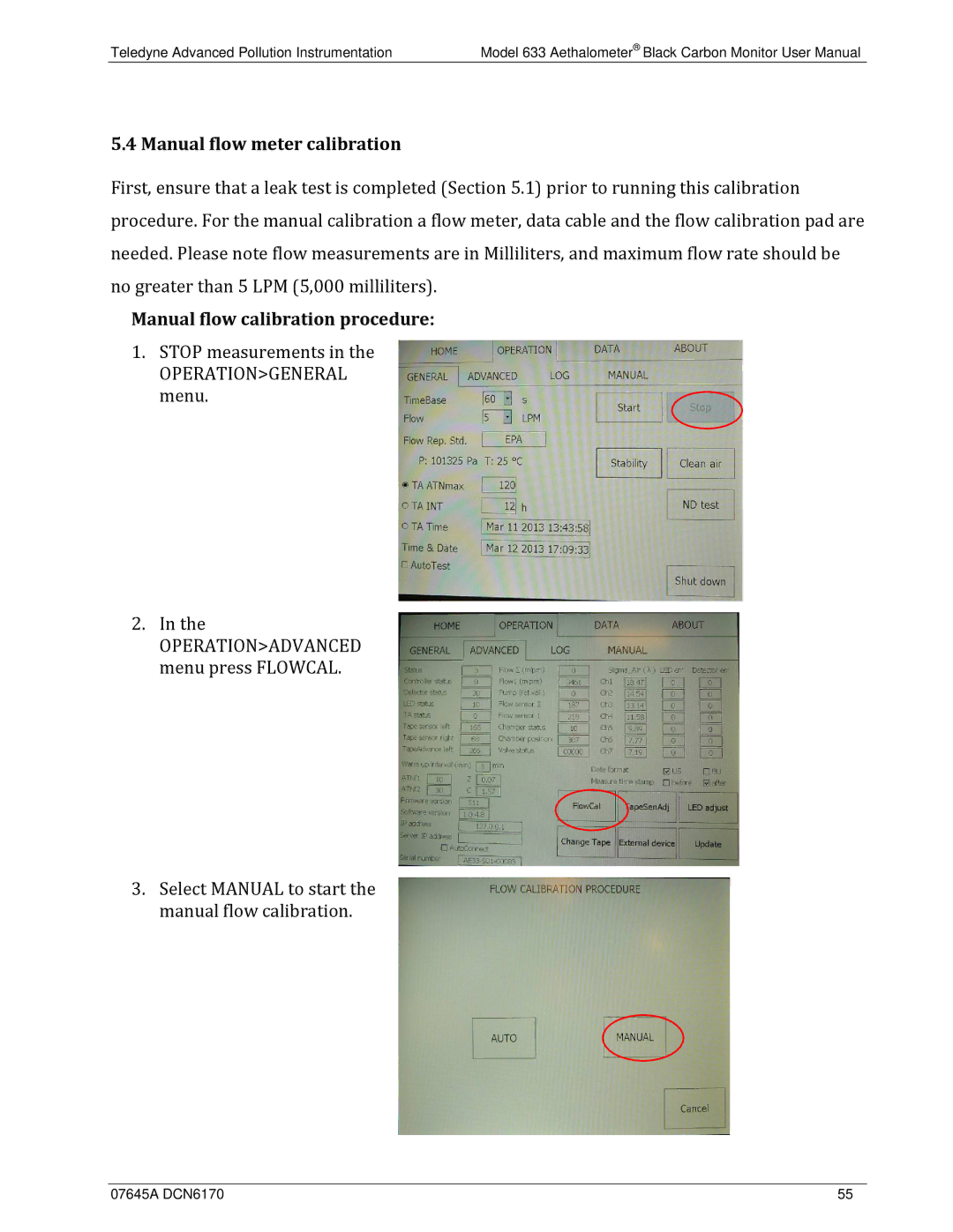 Teledyne 633 user manual Manual flow meter calibration, Manual flow calibration procedure 