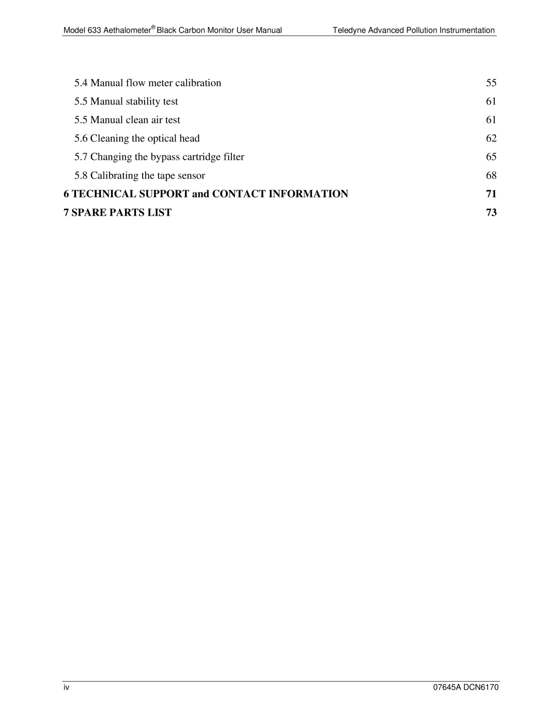 Teledyne 633 user manual Spare Parts List 