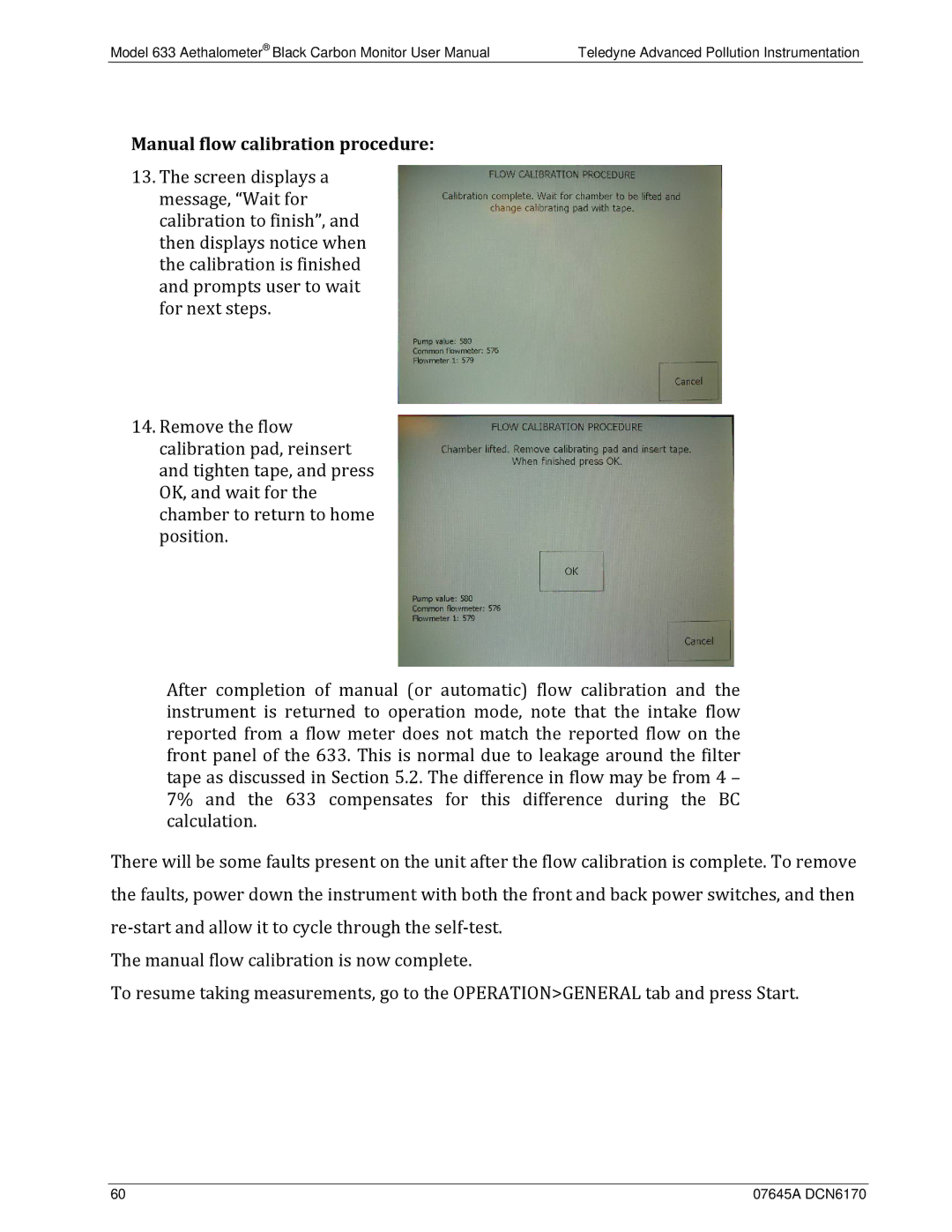 Teledyne 633 user manual Manual flow calibration procedure 