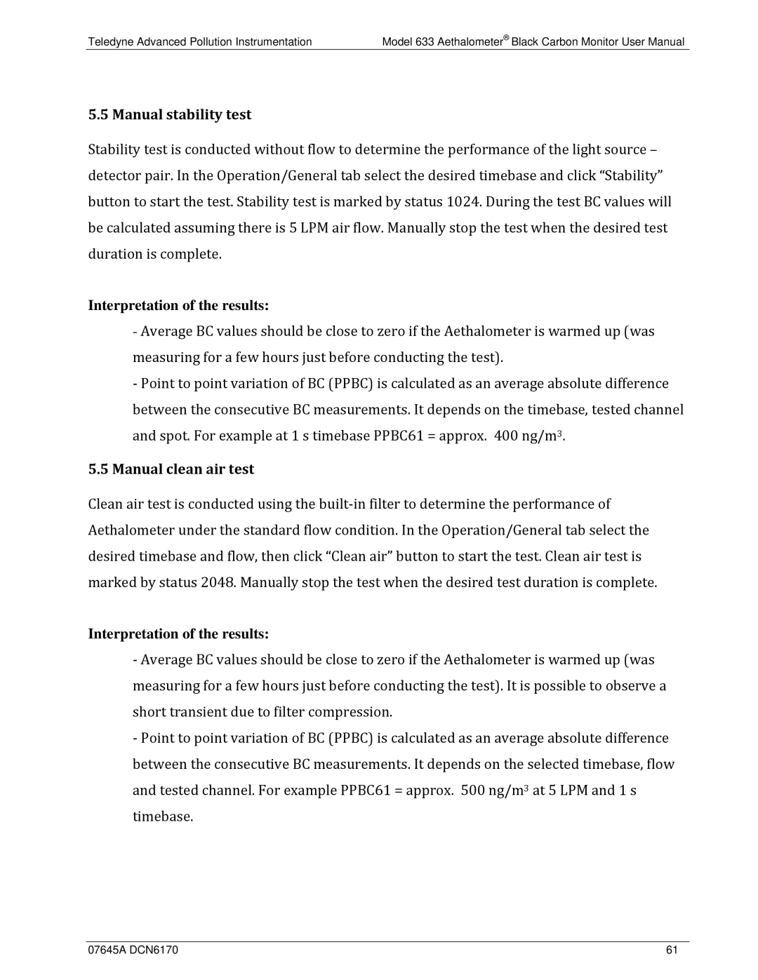 Teledyne 633 user manual Manual stability test, Manual clean air test 