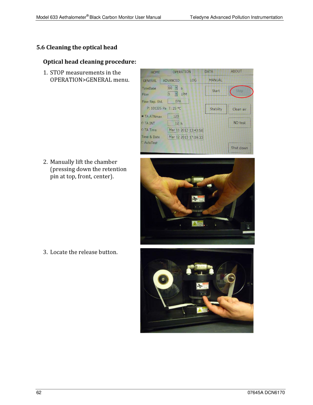 Teledyne 633 user manual Cleaning the optical head Optical head cleaning procedure 