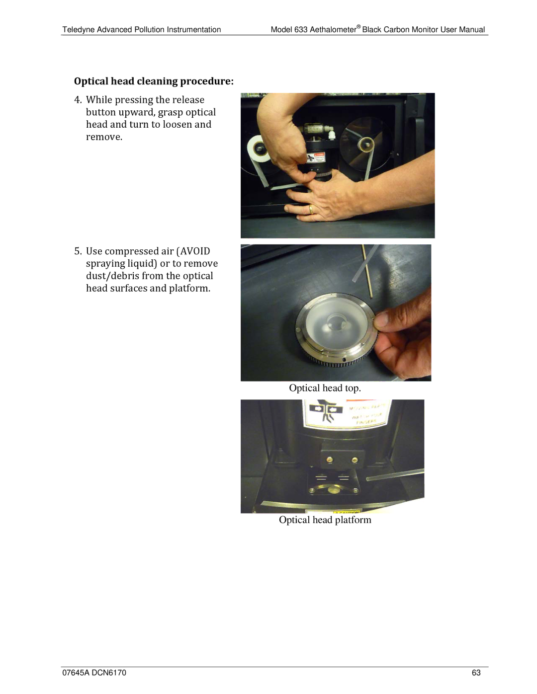 Teledyne 633 user manual Optical head top Optical head platform 