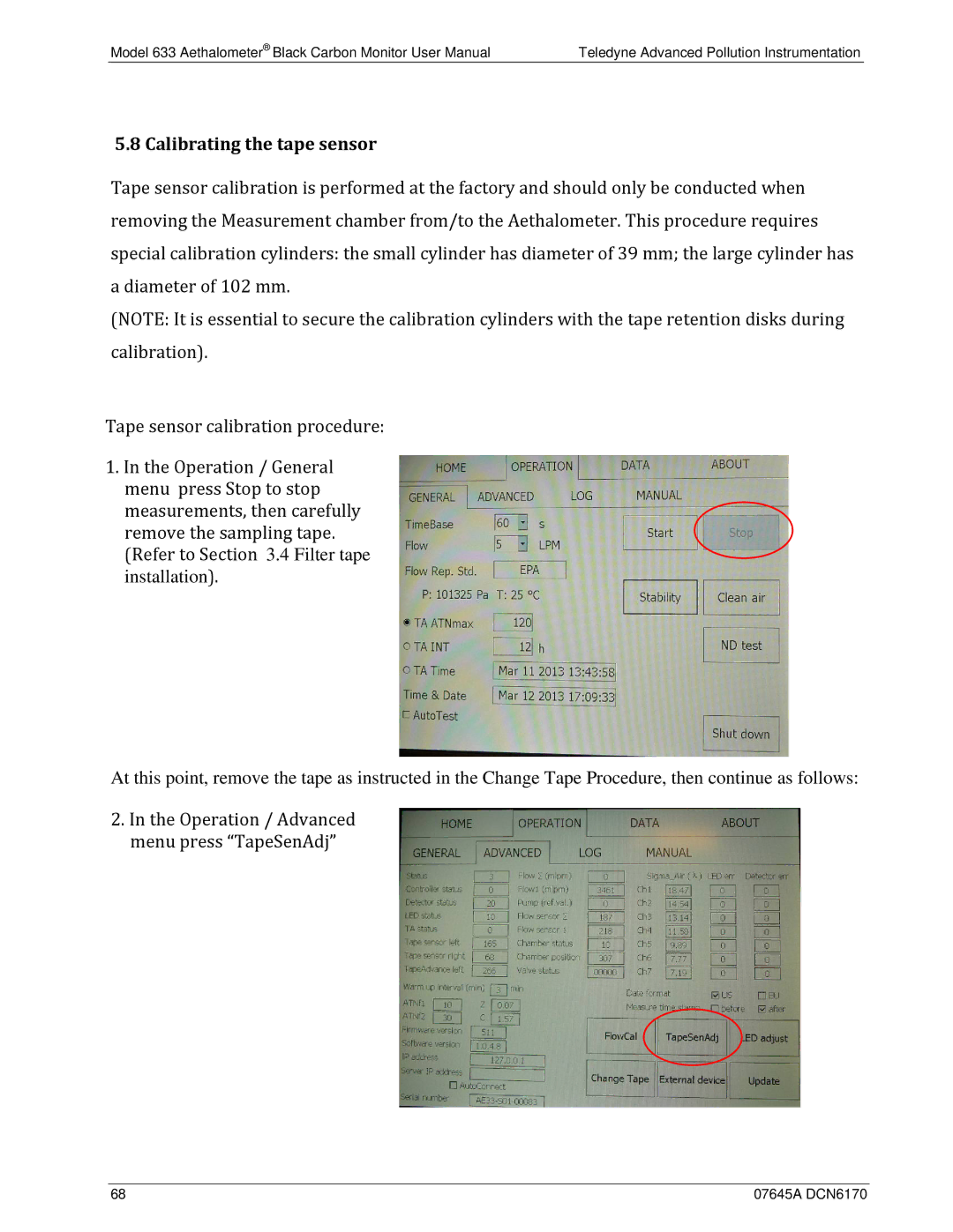 Teledyne 633 user manual Calibrating the tape sensor 