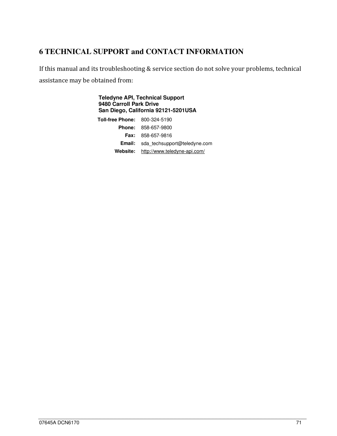 Teledyne 633 user manual Technical Support and Contact Information 