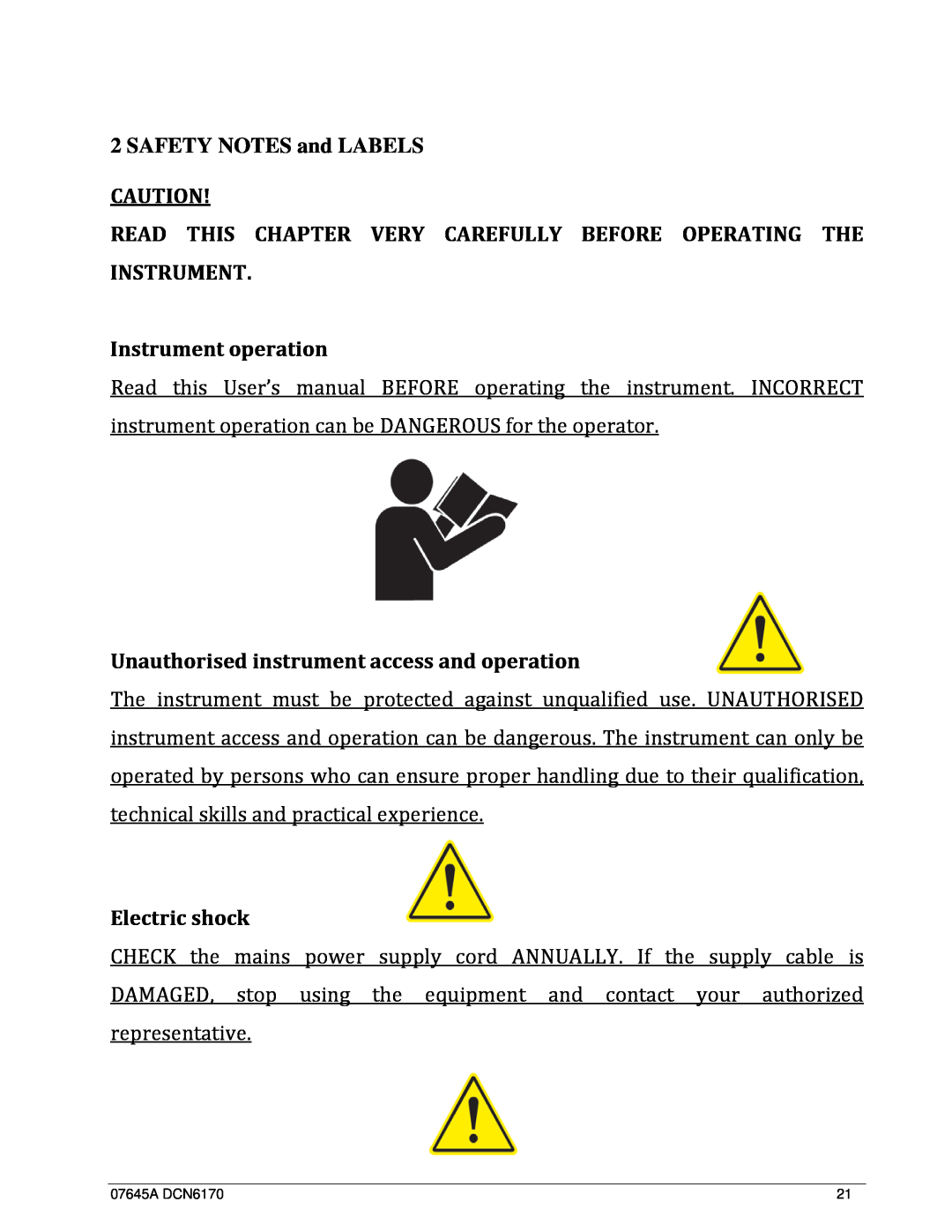 Teledyne 633 SAFETY NOTES and LABELS, Instrument operation, Unauthorised instrument access and operation, Electric shock 