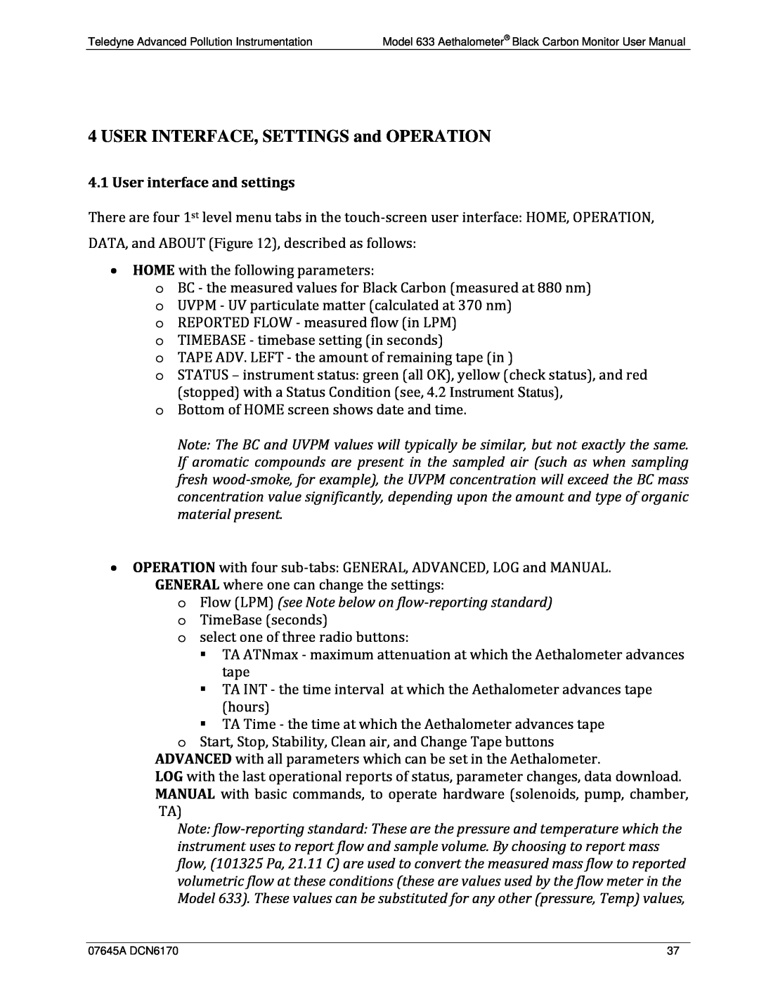 Teledyne 633 user manual USER INTERFACE, SETTINGS and OPERATION, User interface and settings 