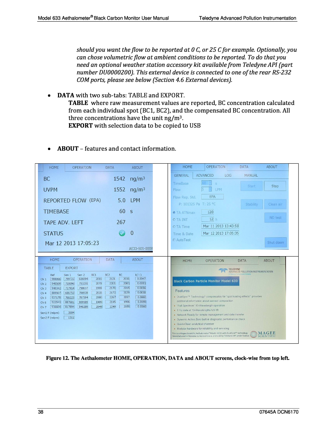 Teledyne 633 user manual DATA with two sub‐tabs: TABLE and EXPORT 