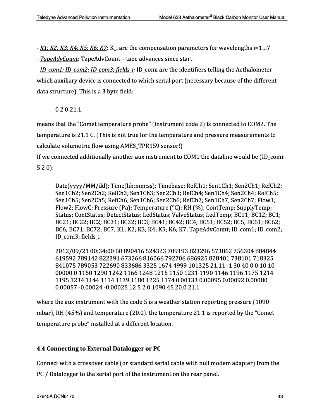 Teledyne 633 user manual Connecting to External Datalogger or PC 