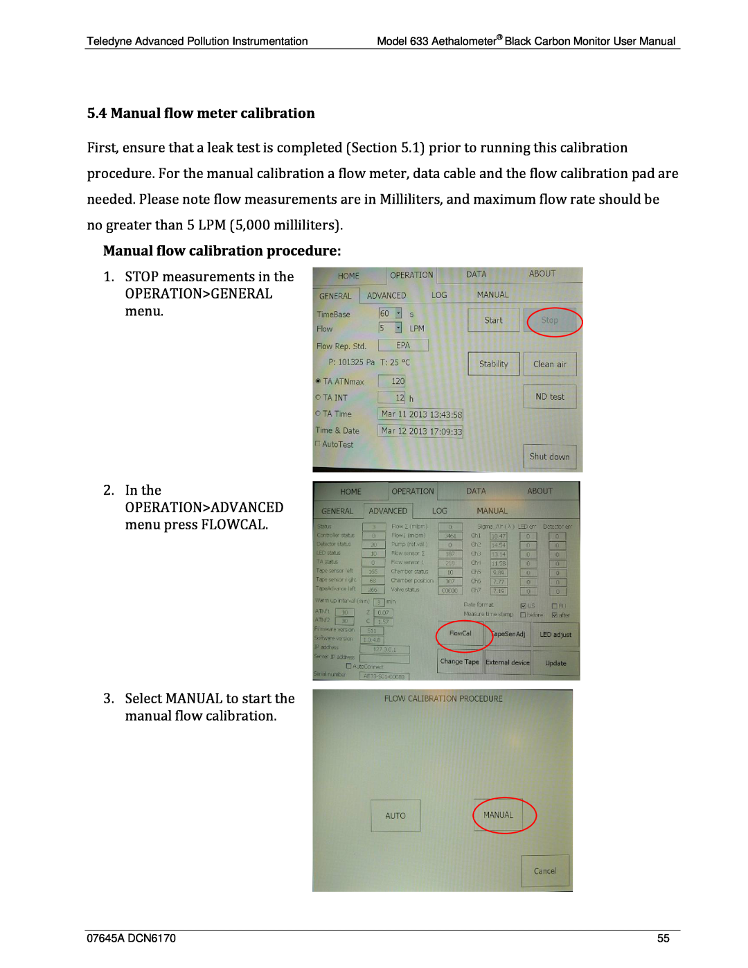 Teledyne 633 user manual Manual flow meter calibration, Manual flow calibration procedure 