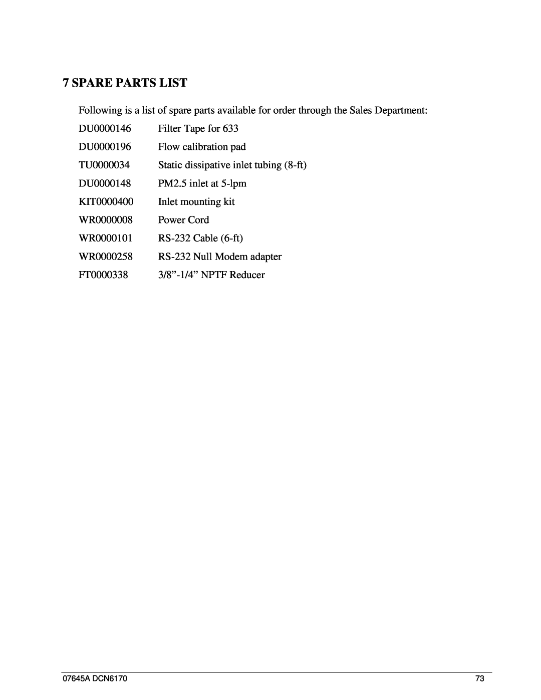 Teledyne 633 user manual Spare Parts List 