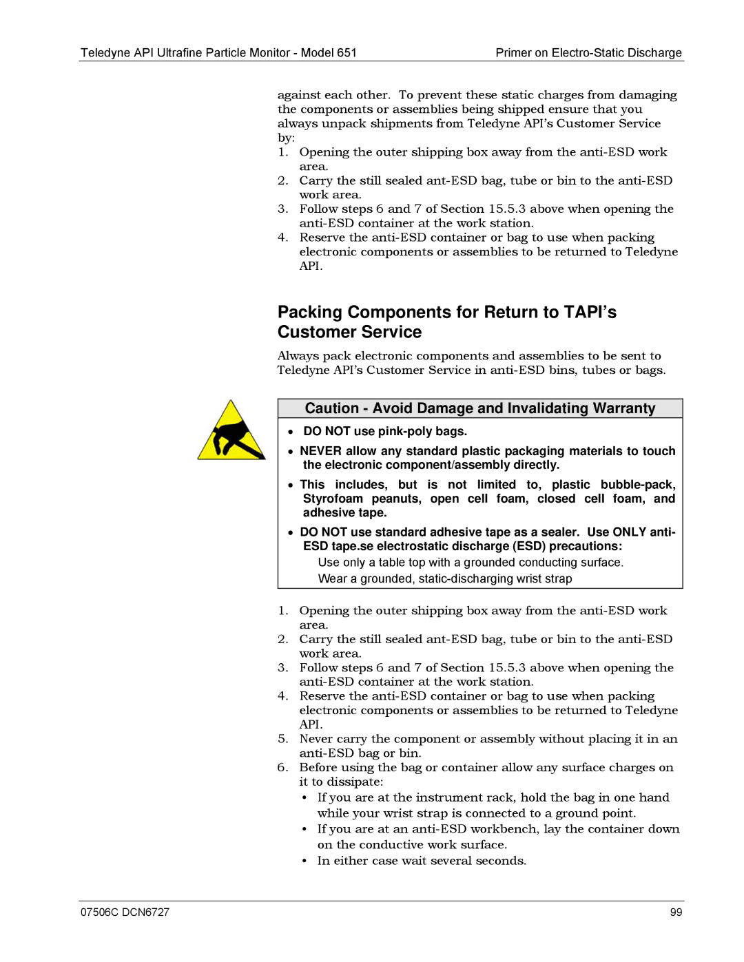 Teledyne 651 operation manual Packing Components for Return to TAPI’s Customer Service 