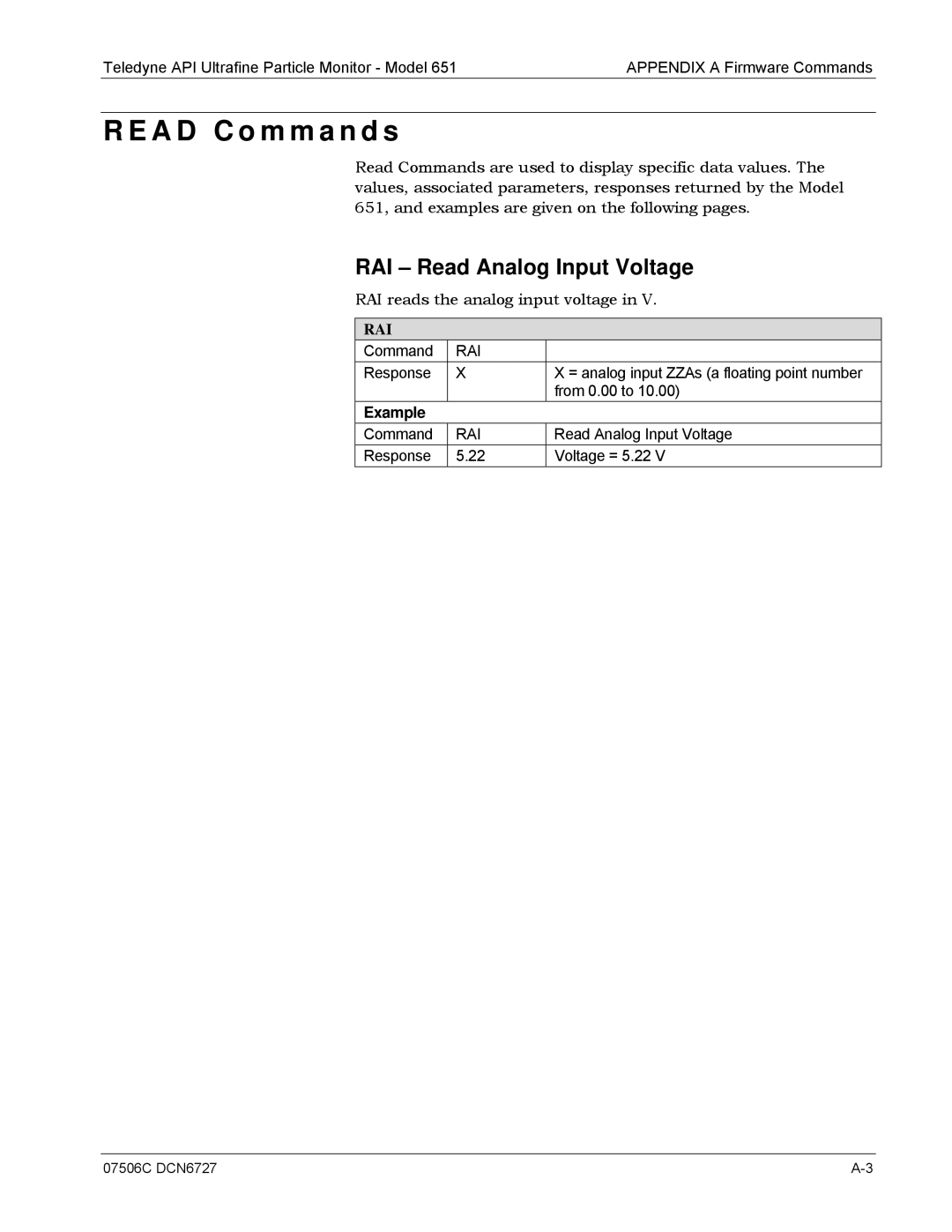 Teledyne 651 operation manual A D C o m m a n d s, RAI Read Analog Input Voltage, Rai 