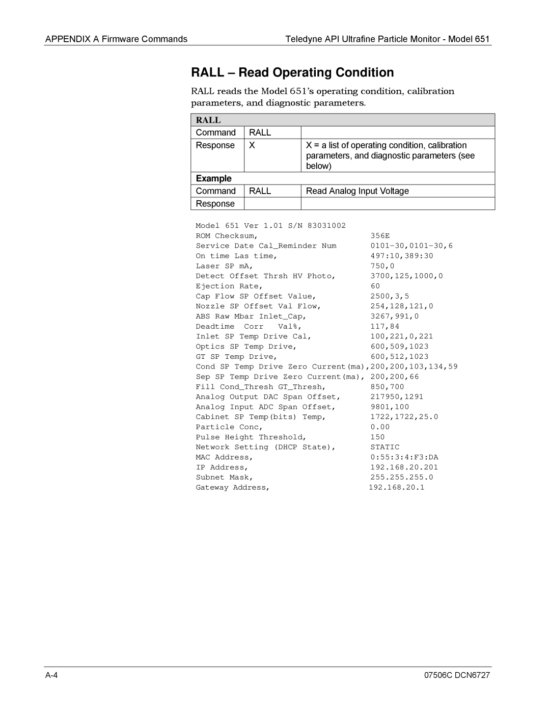 Teledyne 651 operation manual Rall Read Operating Condition 