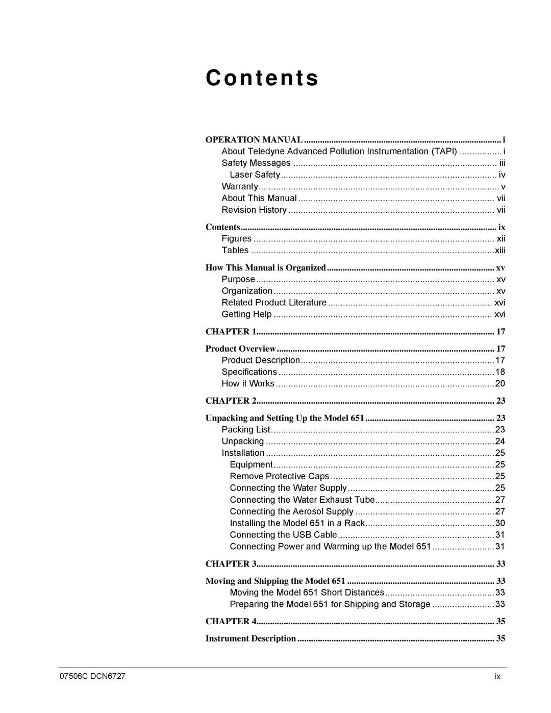 Teledyne 651 operation manual Contents 