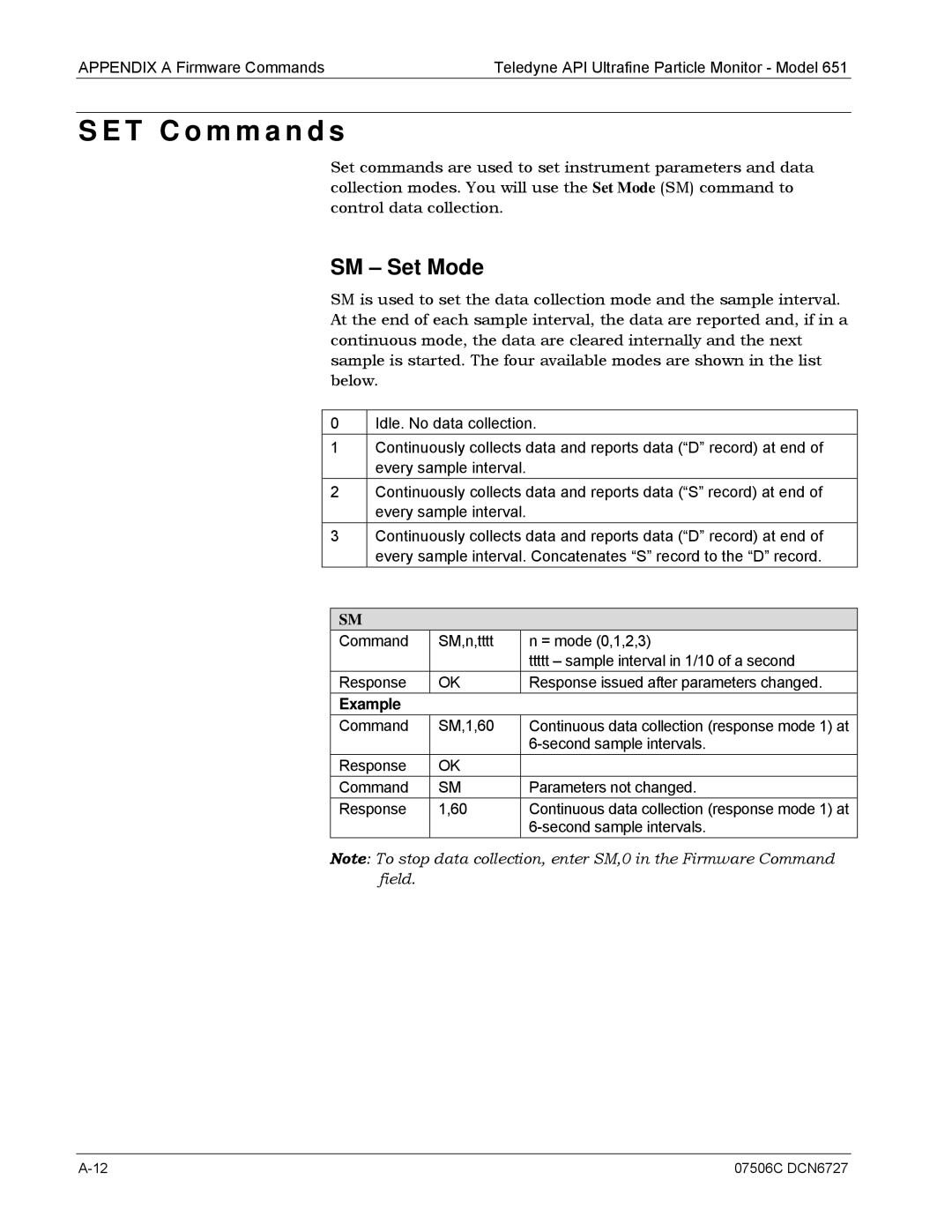 Teledyne 651 operation manual T C o m m a n d s, SM Set Mode 