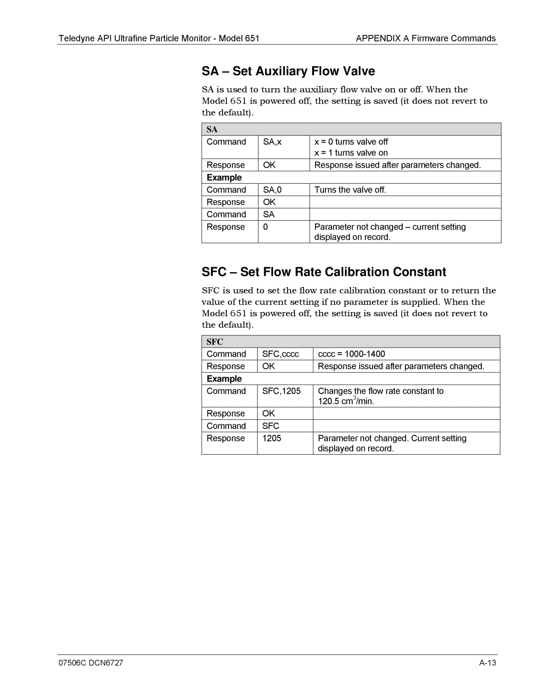 Teledyne 651 operation manual SA Set Auxiliary Flow Valve, SFC Set Flow Rate Calibration Constant, Sfc 