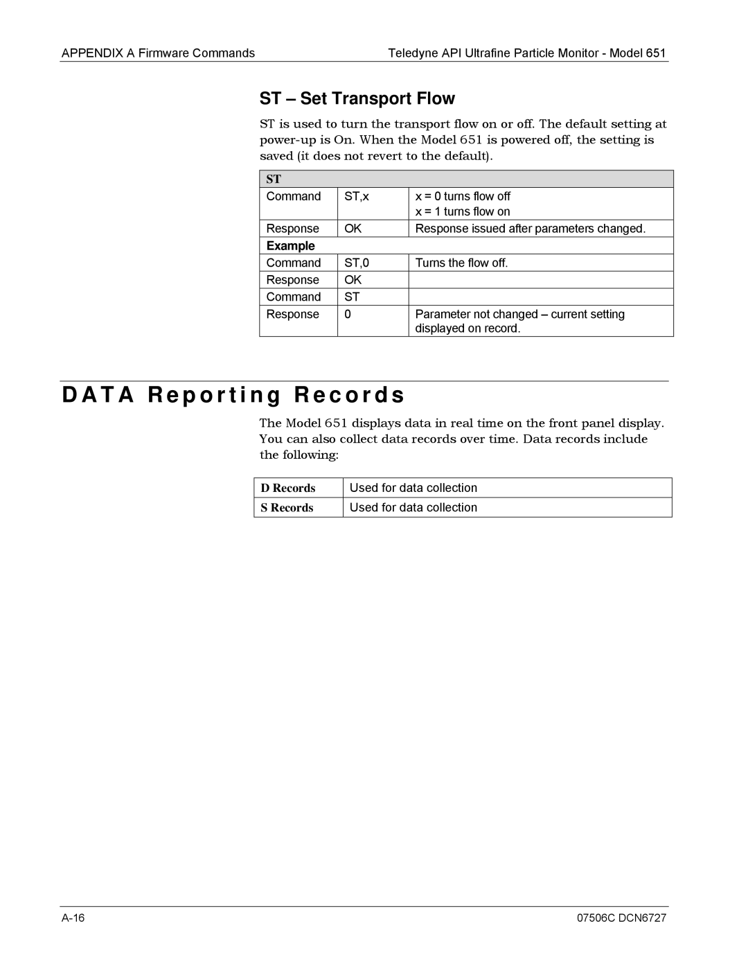 Teledyne 651 operation manual T a R e p o r t i n g R e c o r d s, ST Set Transport Flow 