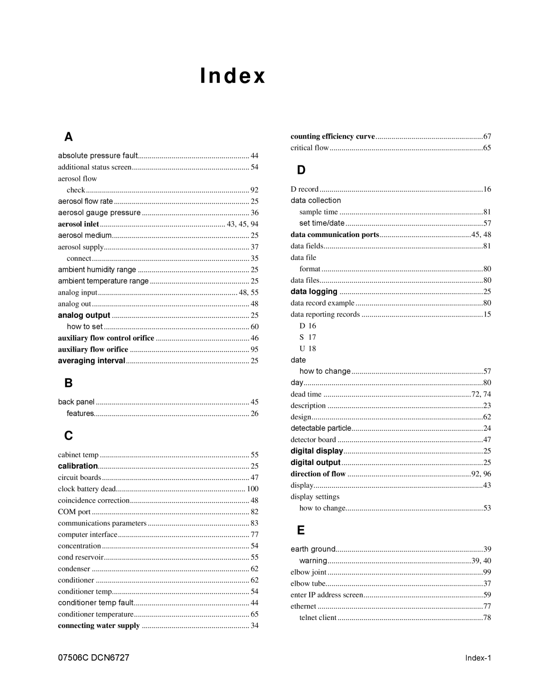 Teledyne 651 operation manual Index, Aerosol inlet 43, 45 