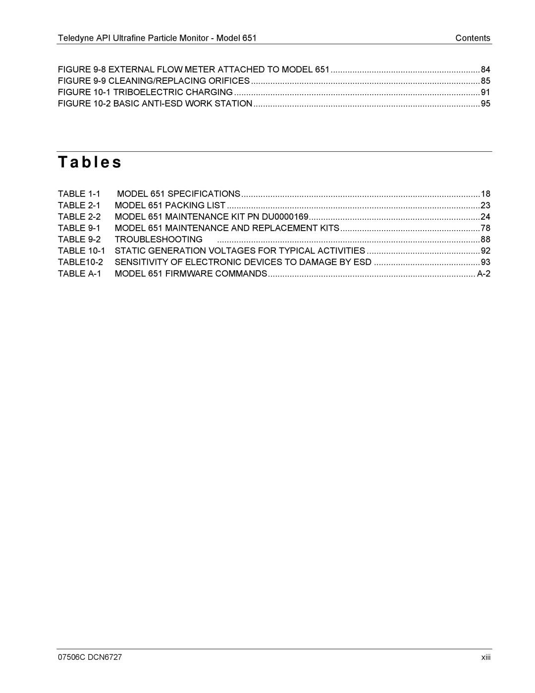 Teledyne 651 operation manual B l e s, Table A-1 