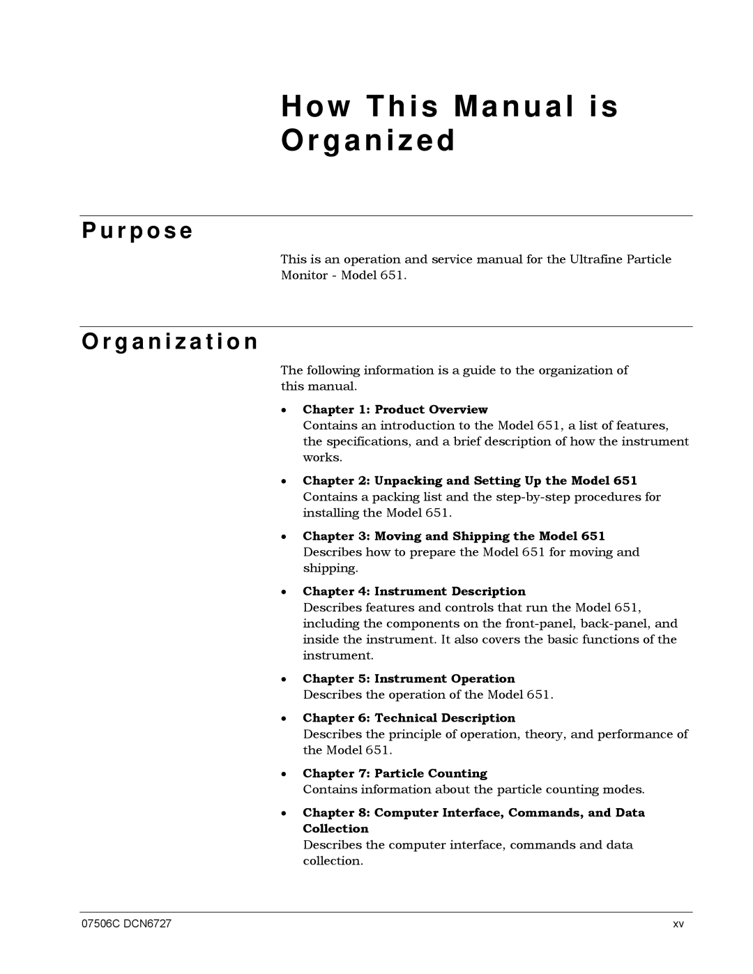 Teledyne 651 operation manual How This Manual is Organized, R p o s e, G a n i z a t i o n 