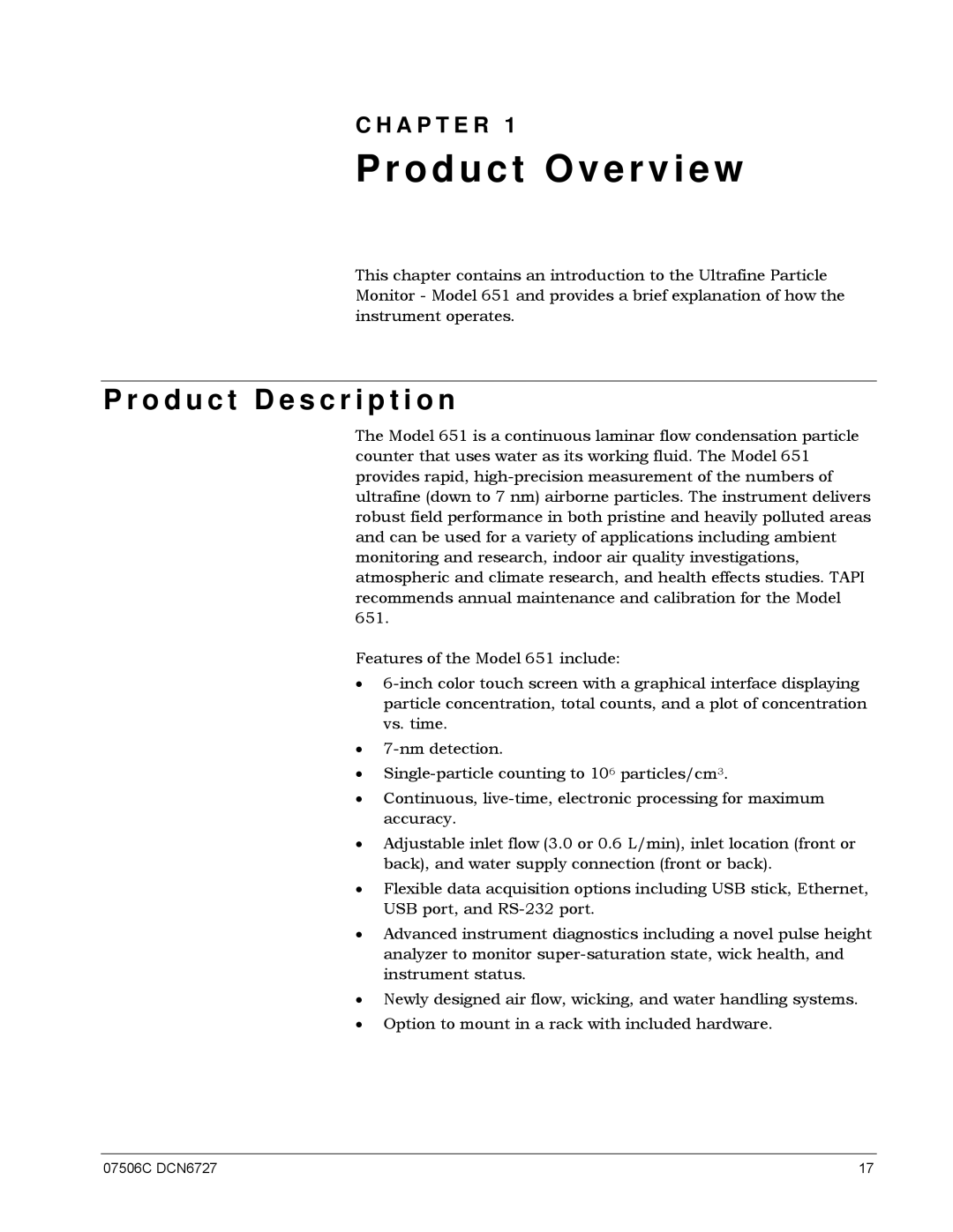 Teledyne 651 operation manual Product Overview, O d u c t D e s c r i p t i o n, A P T E R 