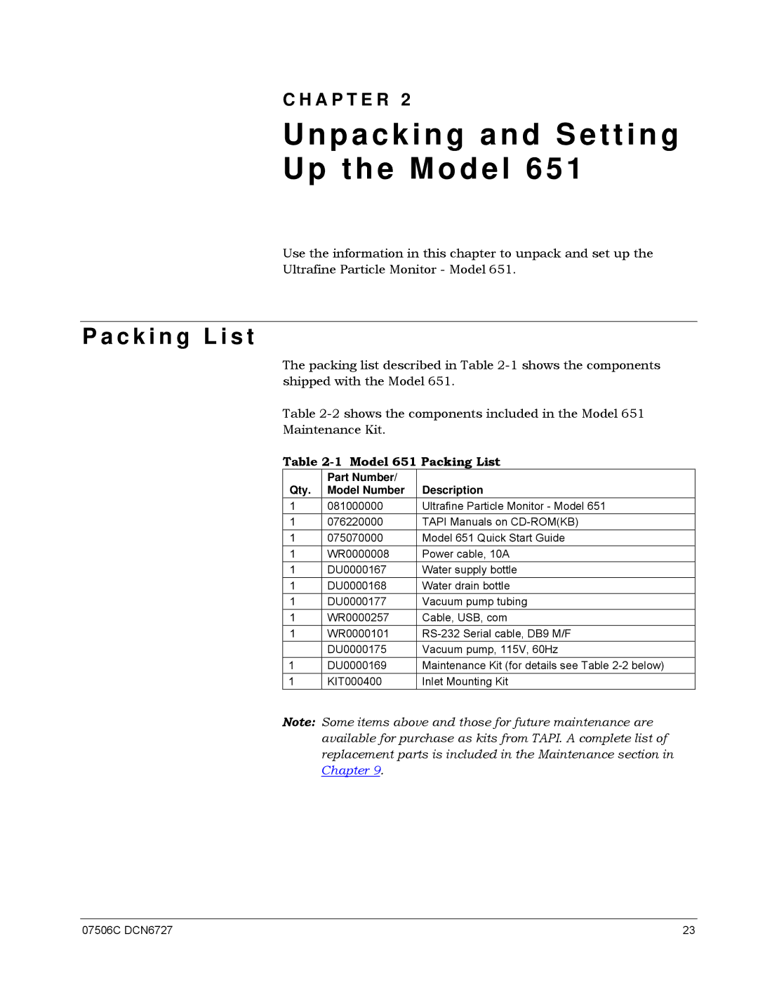 Teledyne 651 operation manual Unpacking and Setting Up the Model, C k i n g L i s t 