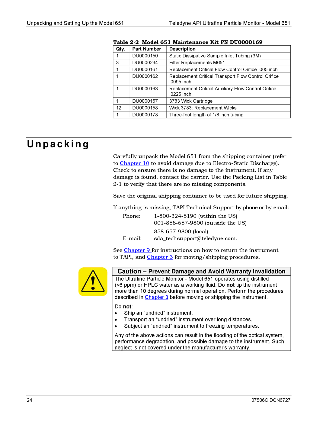 Teledyne operation manual P a c k i n g, Model 651 Maintenance Kit PN DU0000169 