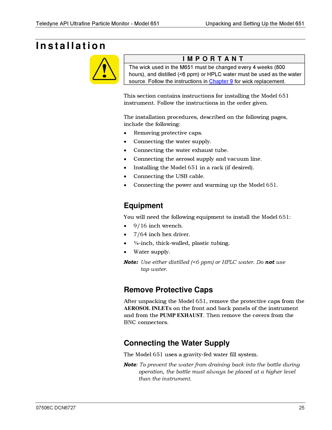 Teledyne 651 operation manual Installation, Equipment, Remove Protective Caps, Connecting the Water Supply 