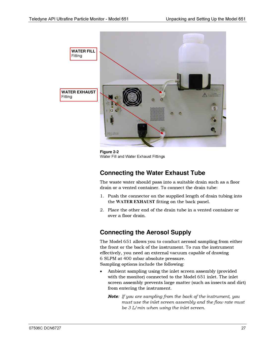 Teledyne 651 operation manual Connecting the Water Exhaust Tube, Connecting the Aerosol Supply 