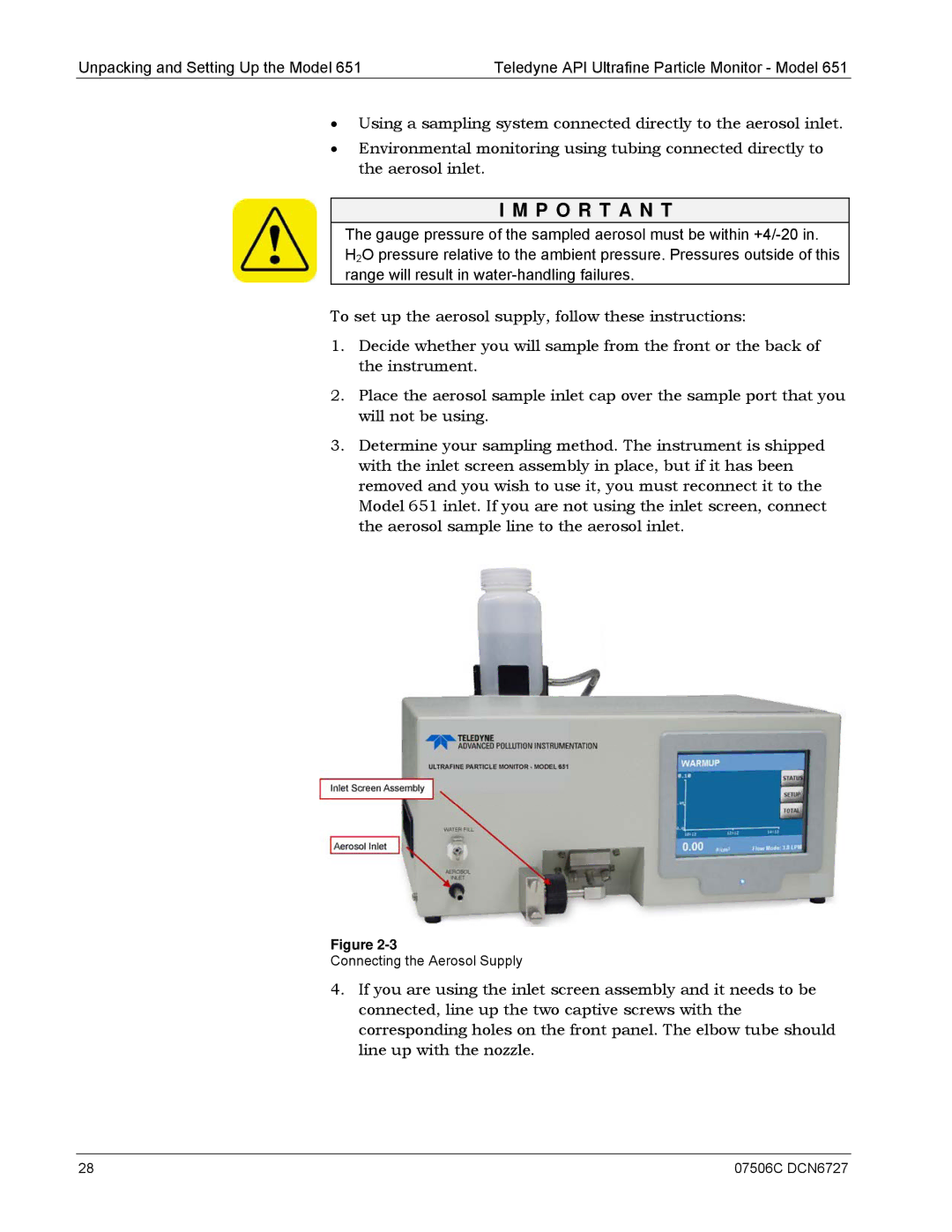 Teledyne 651 operation manual Connecting the Aerosol Supply 