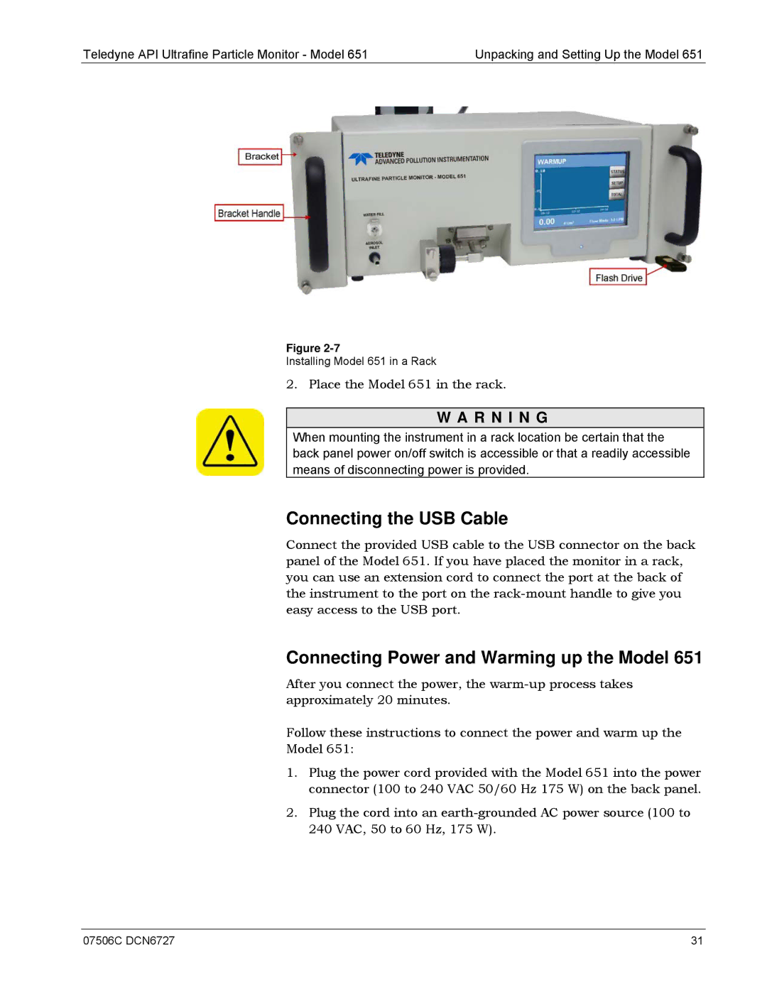 Teledyne 651 operation manual Connecting the USB Cable, Connecting Power and Warming up the Model 