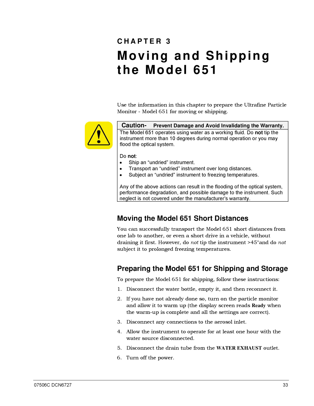 Teledyne operation manual Moving and Shipping Model, Moving the Model 651 Short Distances 