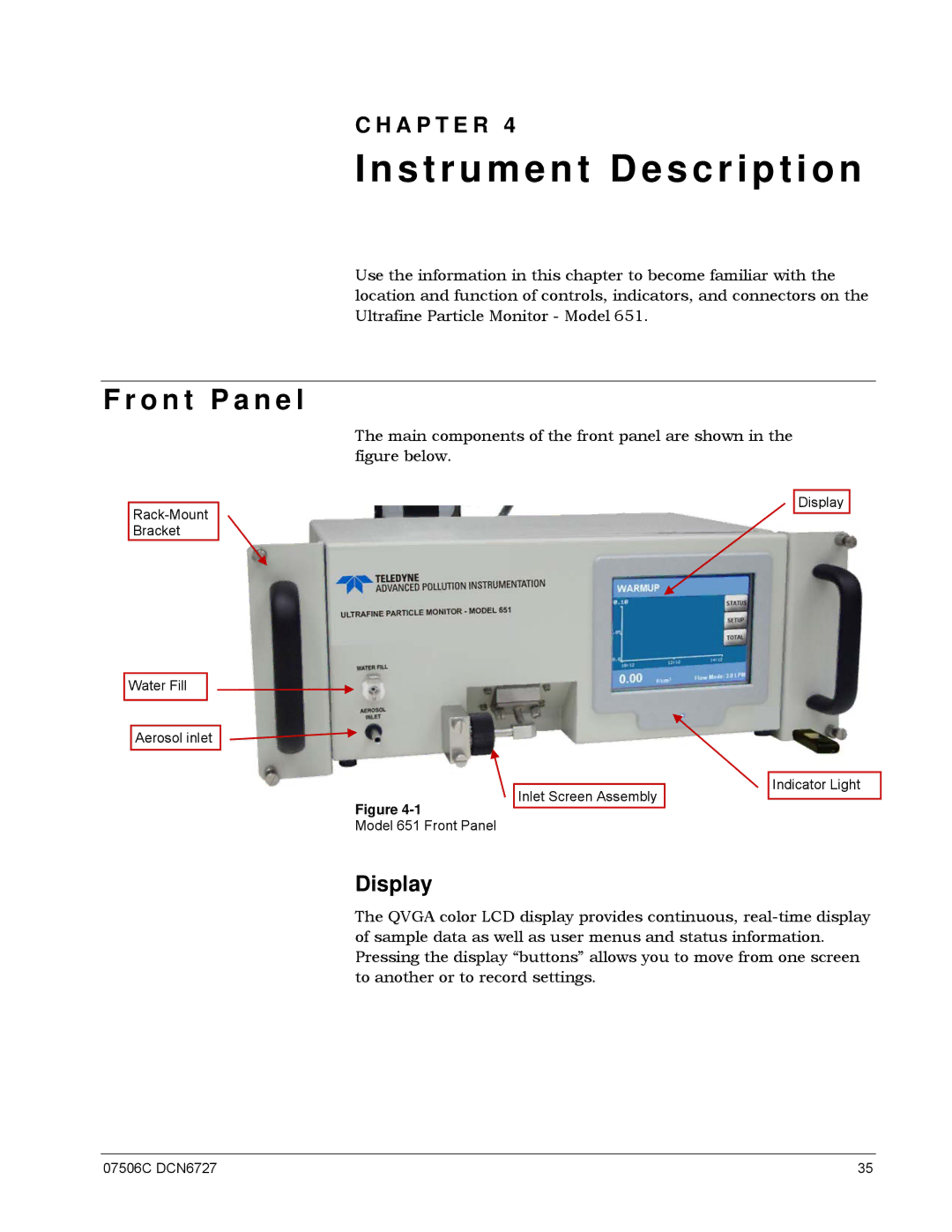 Teledyne 651 operation manual Instrument Description, O n t P a n e l, Display 