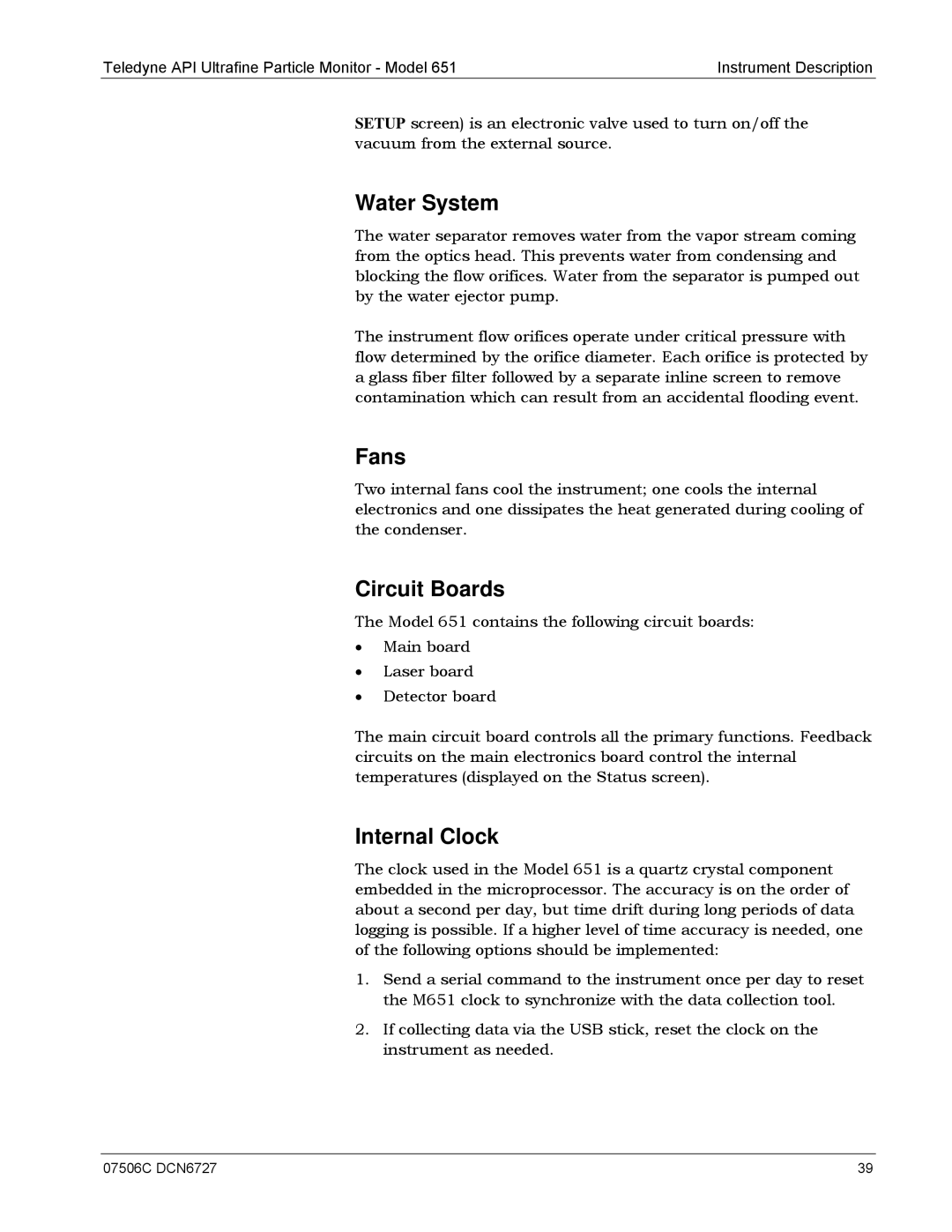 Teledyne 651 operation manual Water System, Fans, Circuit Boards, Internal Clock 