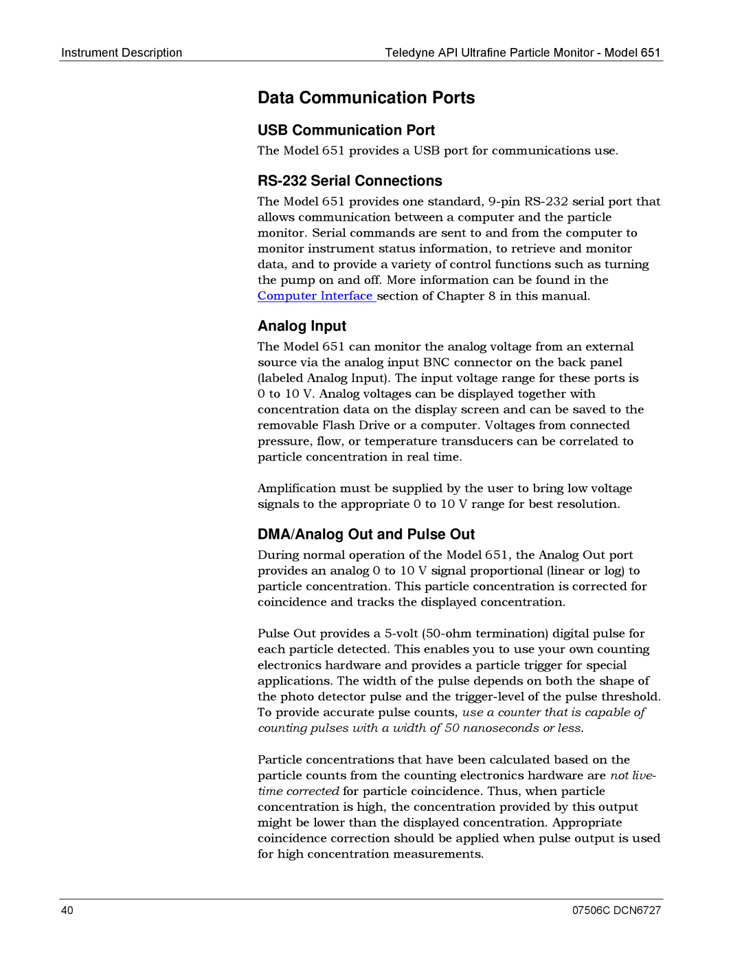 Teledyne 651 operation manual Data Communication Ports, RS-232 Serial Connections 