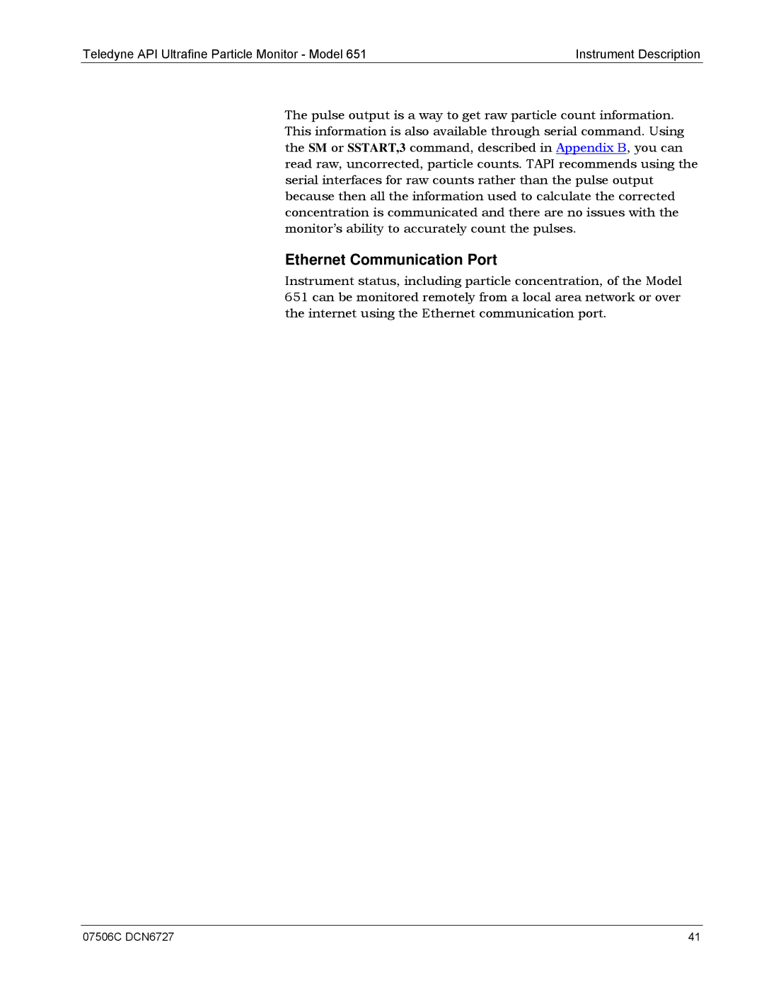 Teledyne 651 operation manual Ethernet Communication Port 