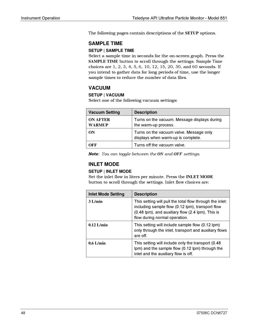 Teledyne 651 operation manual On After, Warmup, Off 