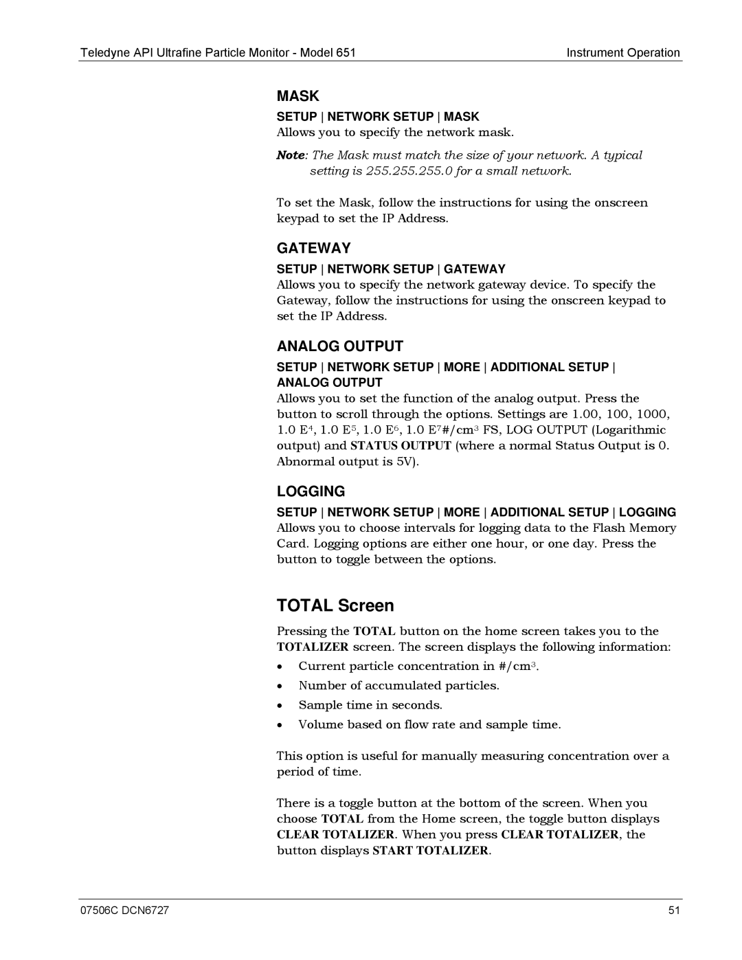 Teledyne 651 operation manual Total Screen, Mask 