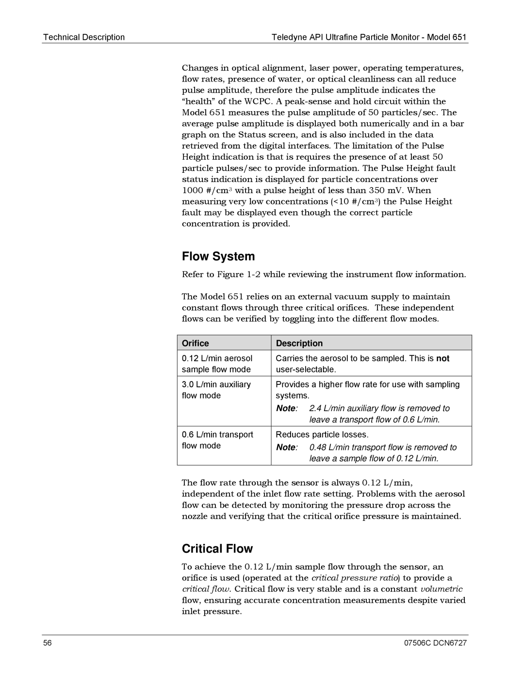 Teledyne 651 operation manual Flow System, Critical Flow 