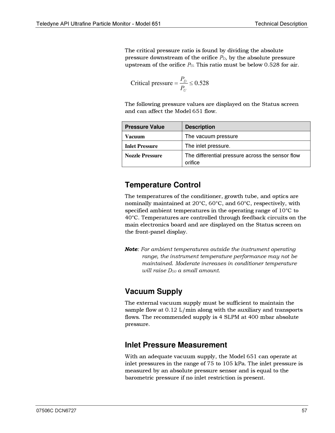 Teledyne 651 operation manual Temperature Control, Inlet Pressure Measurement 