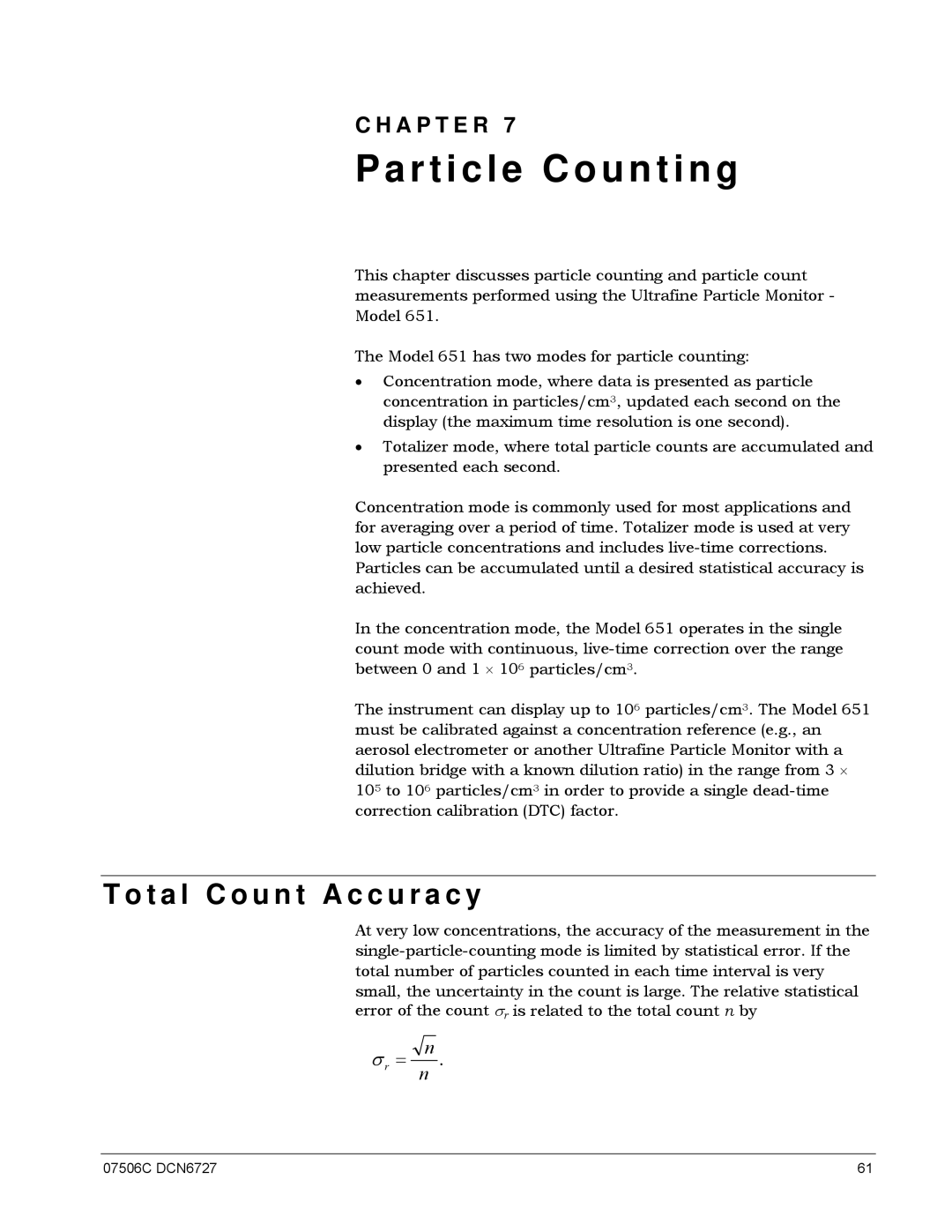 Teledyne 651 operation manual Particle Counting, T a l C o u n t a c c u r a c y 