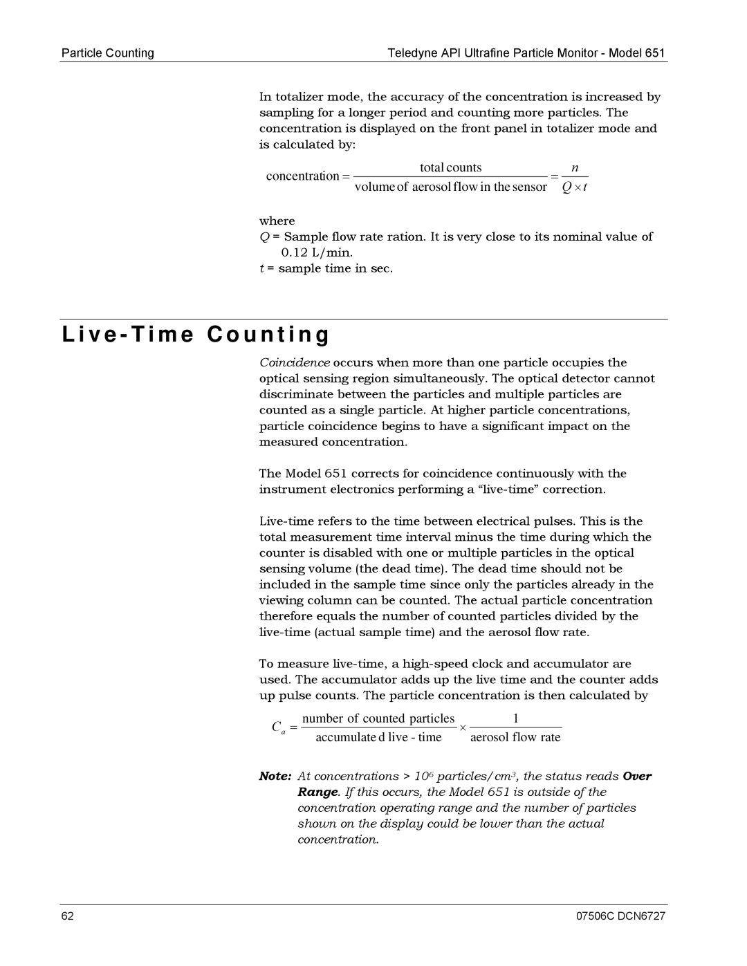 Teledyne 651 operation manual V e T i m e C o u n t i n g, Concentration = Total counts 