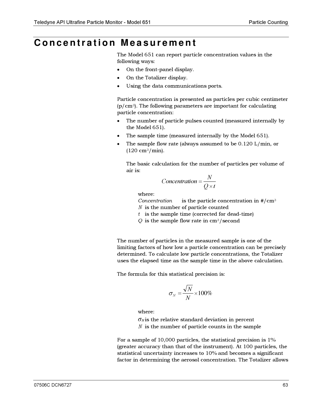 Teledyne 651 operation manual N c e n t r a t i o n M e a s u r e m e n t, Concentration = N × t 