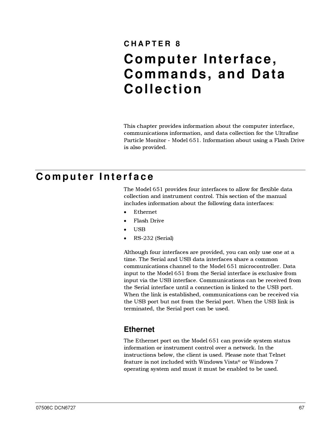 Teledyne 651 operation manual Computer Interface Commands, and Data Collection, M p u t e r I n t e r f a c e, Ethernet 