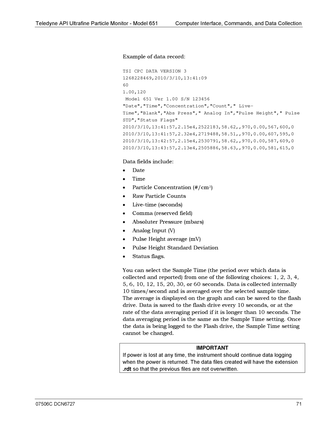 Teledyne 651 operation manual Example of data record 