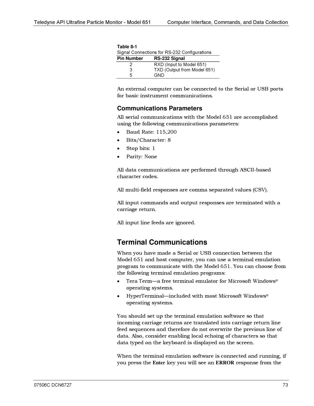 Teledyne 651 operation manual Terminal Communications, Communications Parameters 